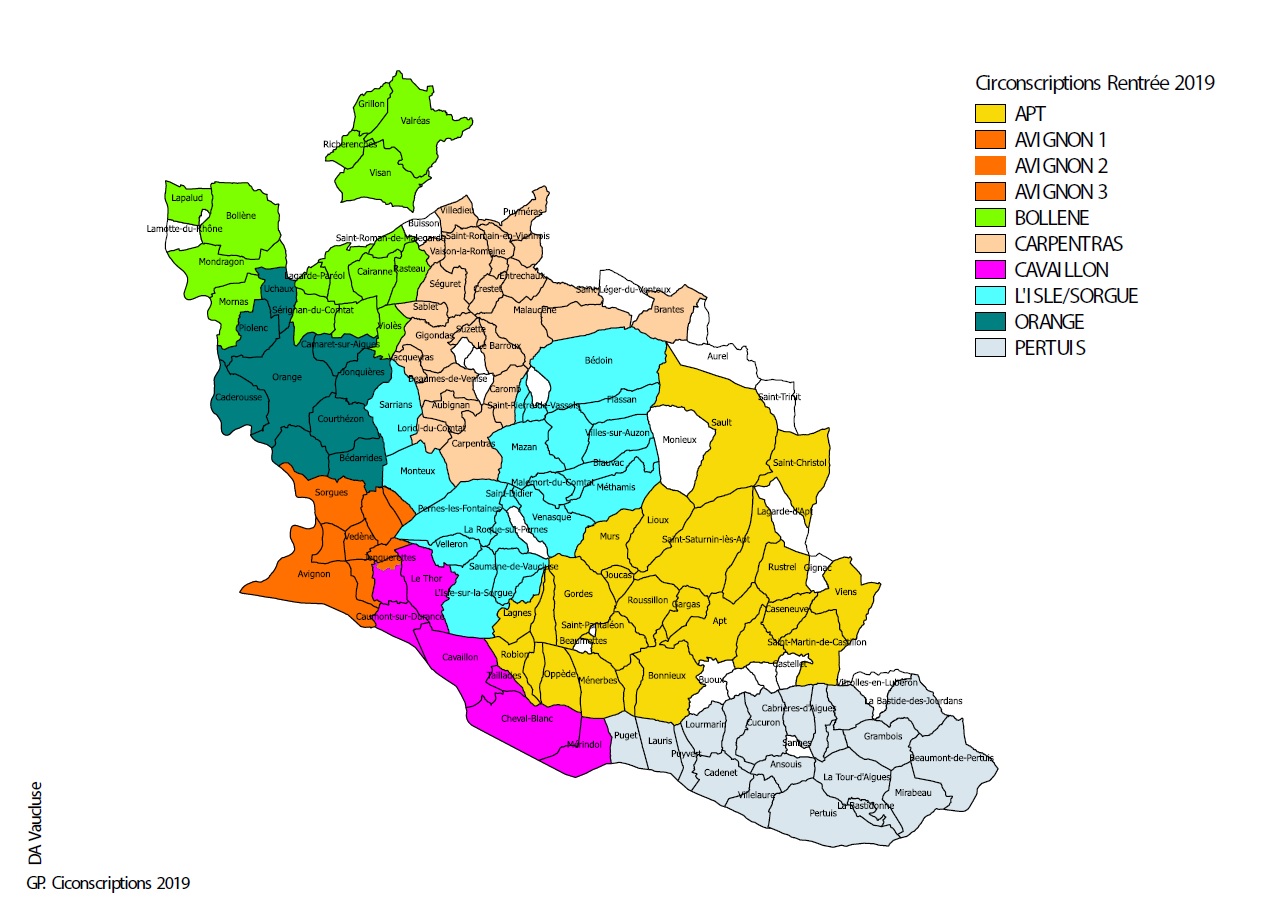 Carte des nouvelles circonscriptions du Vaucluse (rentrée 2019)